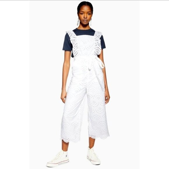 TopShop Broderie Anglaise white ruffle jumpsuit waist tie laser cutout floral 4 - Picture 16 of 16
